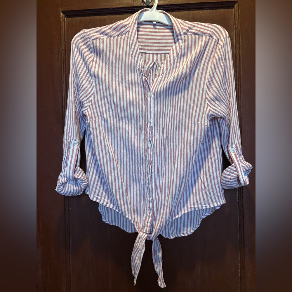 Francesca's Collections Red and White Striped Button-Down Shirt